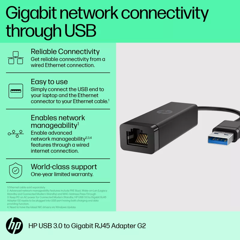 HP USB 3.0 to Gigabit RJ45 Adapter G2, juhtmega, USB, Ethernet, must