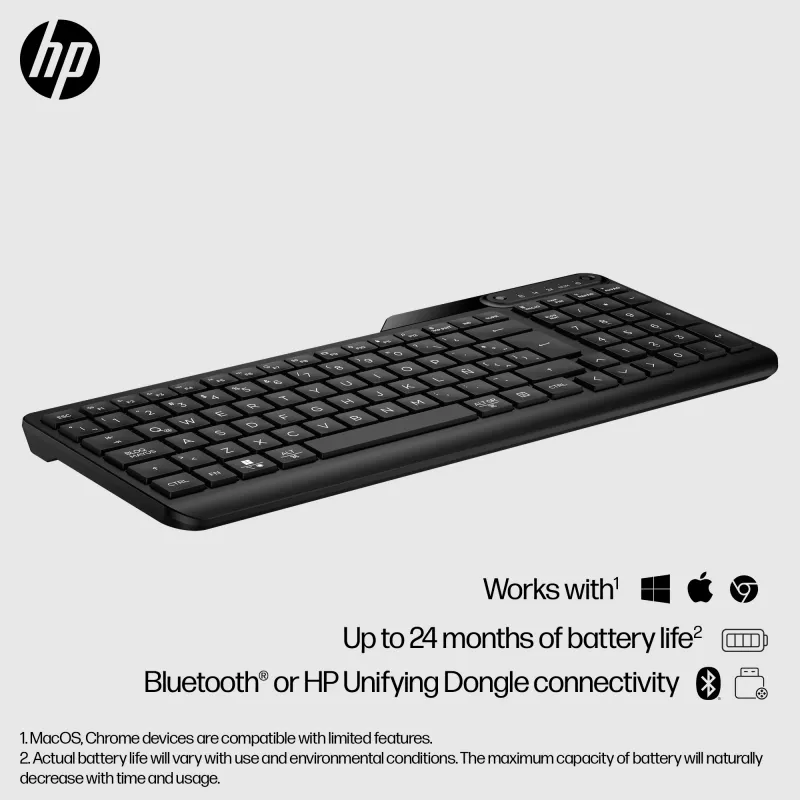 HP 475 kaherežiimiline juhtmevaba klaviatuur, täissuuruses (100%), juhtmevaba, RF-juhtmevaba + Bluetooth, membraan, must