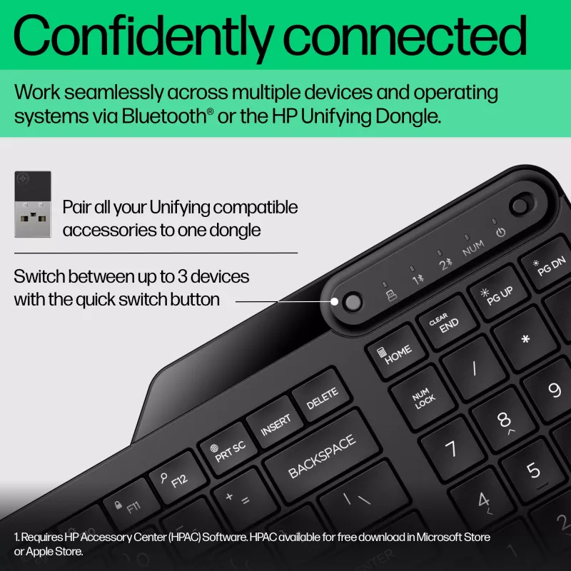 HP 475 kaherežiimiline juhtmevaba klaviatuur, täissuuruses (100%), juhtmevaba, RF-juhtmevaba + Bluetooth, membraan, must