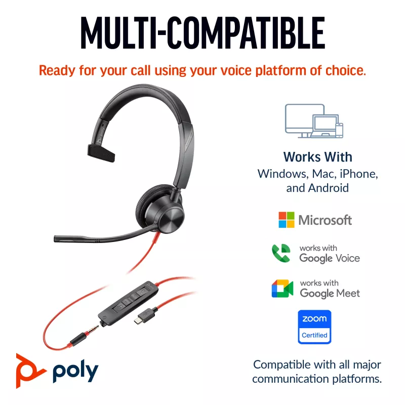 HP Poly Mustwire 3315 Monaural Microsoft Teams Certified USB-C peakomplekt +3,5 mm pistik +USB-C/A adapter