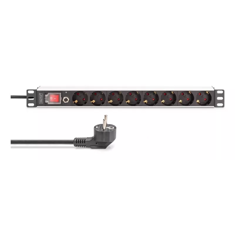 DIGITUS PDU - 1U alumiiniumist riiulile paigaldatav toitejaotusseade 7x turvaline + 1x pistikupesa 16A 4000W 250VAC 50/60Hz ülekoormuskaitse