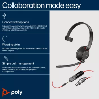 HP Poly Blackwire 5210 Monaural USB-C kõrvaklapid + 3,5 mm pistik + USB-C/A adapter (hulgipakend)
