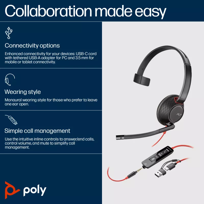 HP Poly Blackwire 5210 Monaural USB-C kõrvaklapid + 3,5 mm pistik + USB-C/A adapter (hulgipakend)