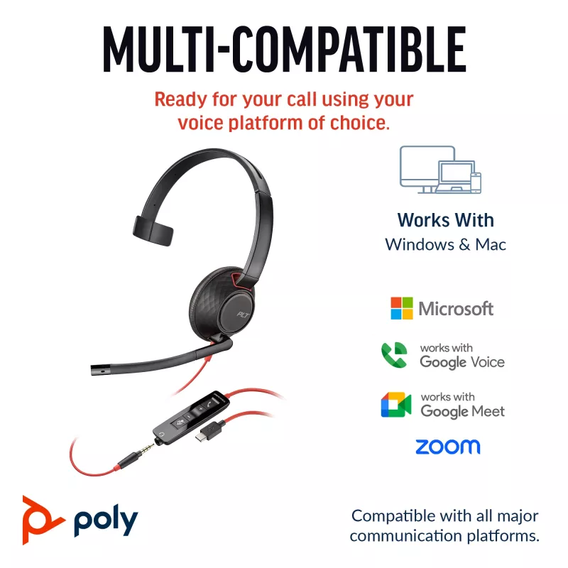 HP Poly Blackwire 5210 Monaural USB-C kõrvaklapid + 3,5 mm pistik + USB-C/A adapter (hulgipakend)