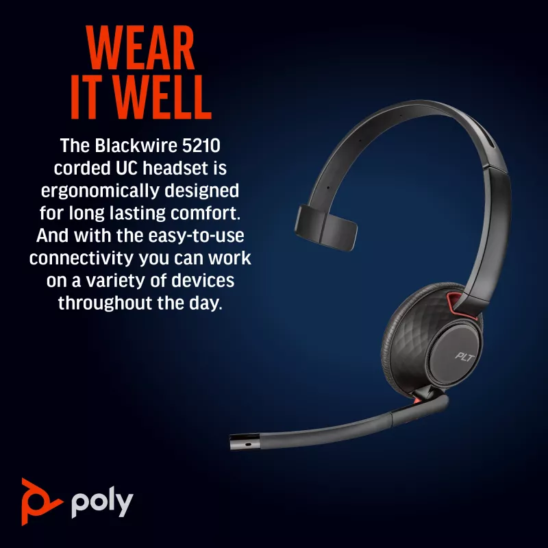 HP Poly Blackwire 5210 Monaural USB-C kõrvaklapid + 3,5 mm pistik + USB-C/A adapter (hulgipakend)