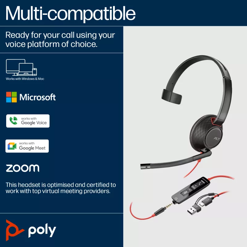 HP Poly Blackwire 5210 Monaural USB-C kõrvaklapid + 3,5 mm pistik + USB-C/A adapter (hulgipakend)