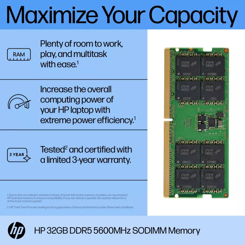 HP 32GB DDR5 5600 SODIMM mälu, 32 GB, DDR5, 5600 MHz, 262-kontaktine SO-DIMM