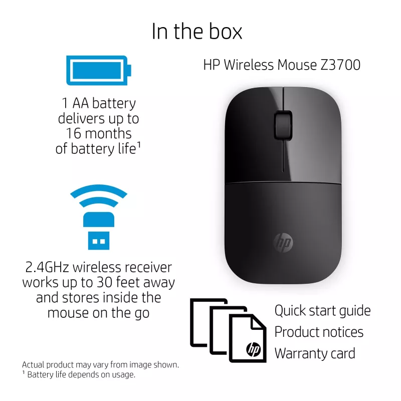 HP Z3700 musta juhtmevaba hiir, kahekäeline, optiline, RF-juhtmevaba, 1200 DPI, must