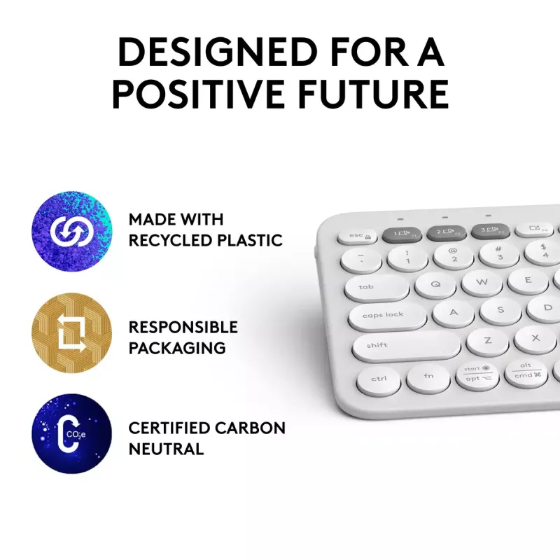 Kompaktne miniklaviatuur Logitech Pebble Keys 2 K380s — RF-juhtmevaba + Bluetooth, QWERTY US International, valge