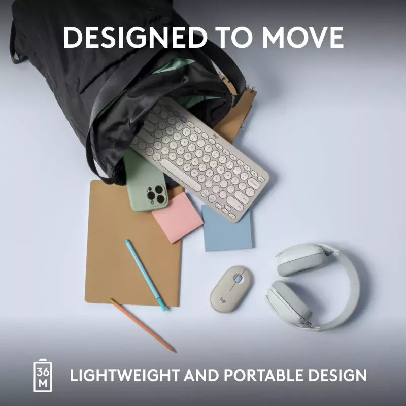 Kompaktne miniklaviatuur Logitech Pebble Keys 2 K380s — RF-juhtmevaba + Bluetooth, QWERTY US International, valge