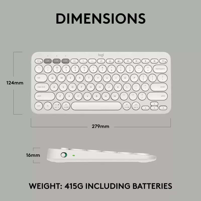 Kompaktne miniklaviatuur Logitech Pebble Keys 2 K380s — RF-juhtmevaba + Bluetooth, QWERTY US International, valge