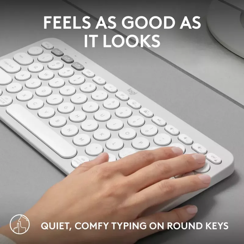 Kompaktne miniklaviatuur Logitech Pebble Keys 2 K380s — RF-juhtmevaba + Bluetooth, QWERTY US International, valge