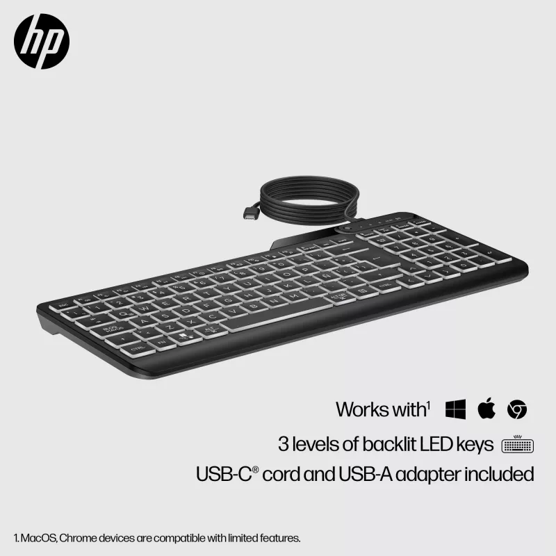 HP 405 Multi-Device tagantvalgustatud juhtmega klaviatuur, täissuuruses (100%), juhtmega, USB, membraan, QWERTY, must