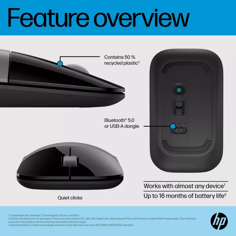 HP Z3700 Dual Silver Mouse, kahekäeline, RF-juhtmevaba + Bluetooth, hõbedane