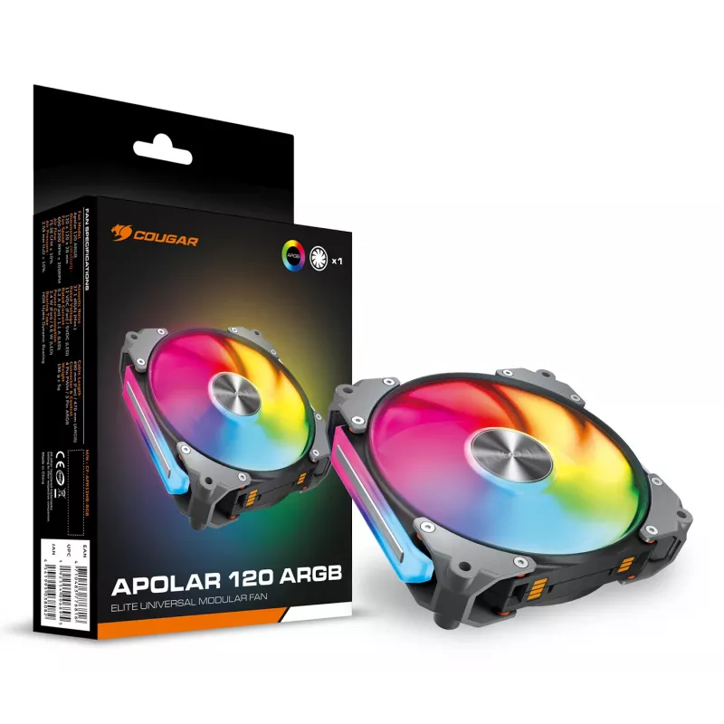 COUGAR Apolar 120 ARGB korpusventilaator, must, 12 cm - 120mm ARGB ventilaator hüdrodünaamilise laagriga, kiirvabastusega aheldamine ja Q-Stop summutussüsteem.