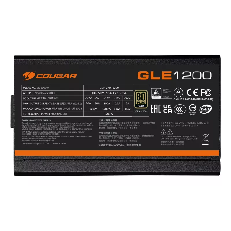 COUGAR toiteplokk GLE 1000W ATX3.1 / 80 Plus Gold, 1000 W, 100 - 240 V, 50/60 Hz, 15-7.5 A, 120 W, 1000 W