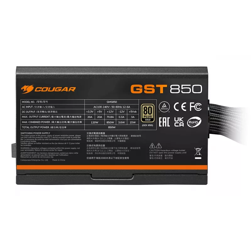 COUGAR toiteplokk GST 850W ATX3.1 / 80 Plus Gold, 850 W, 100 - 240 V, 50/60 Hz, 12 - 6 A, 120 W, 850 W