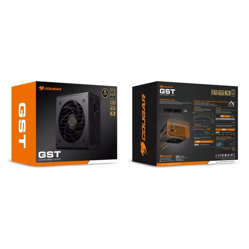 COUGAR toiteplokk GST 850W ATX3.1 / 80 Plus Gold, 850 W, 100 - 240 V, 50/60 Hz, 12 - 6 A, 120 W, 850 W