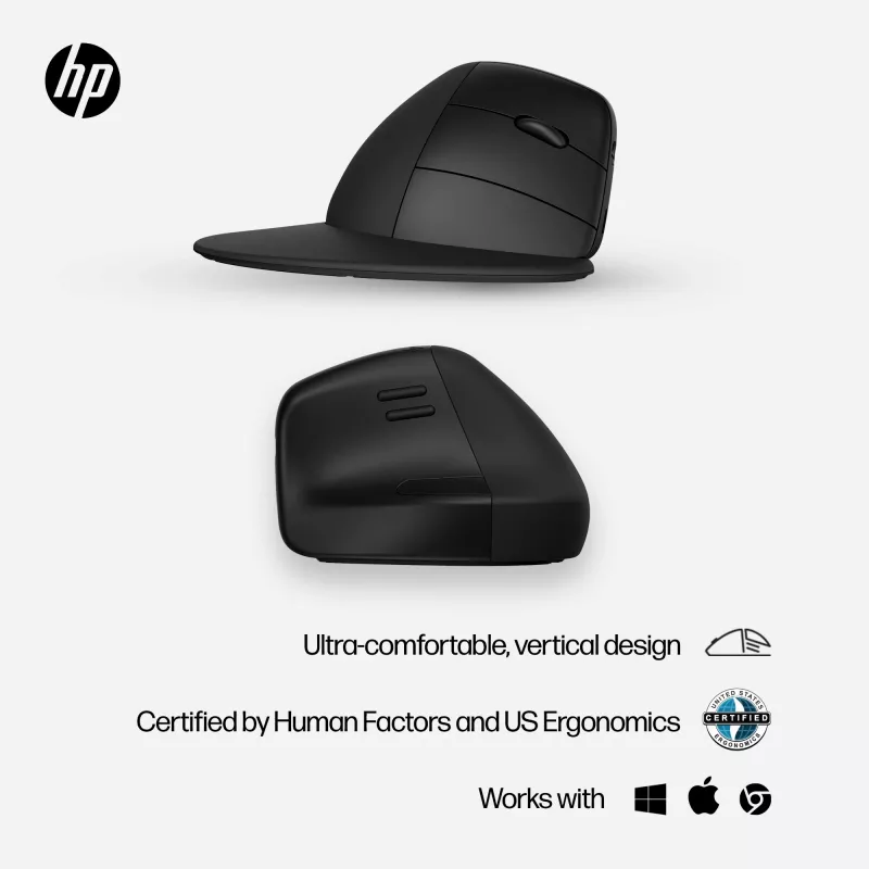 HP 920 Ergonoomiline juhtmevaba hiir, paremakäeline, vertikaalse disainiga, Bluetooth + USB Type-A, 4000 DPI, must