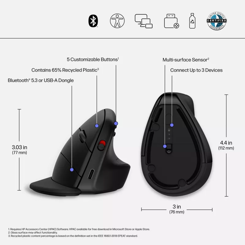 HP 920 Ergonoomiline juhtmevaba hiir, paremakäeline, vertikaalse disainiga, Bluetooth + USB Type-A, 4000 DPI, must