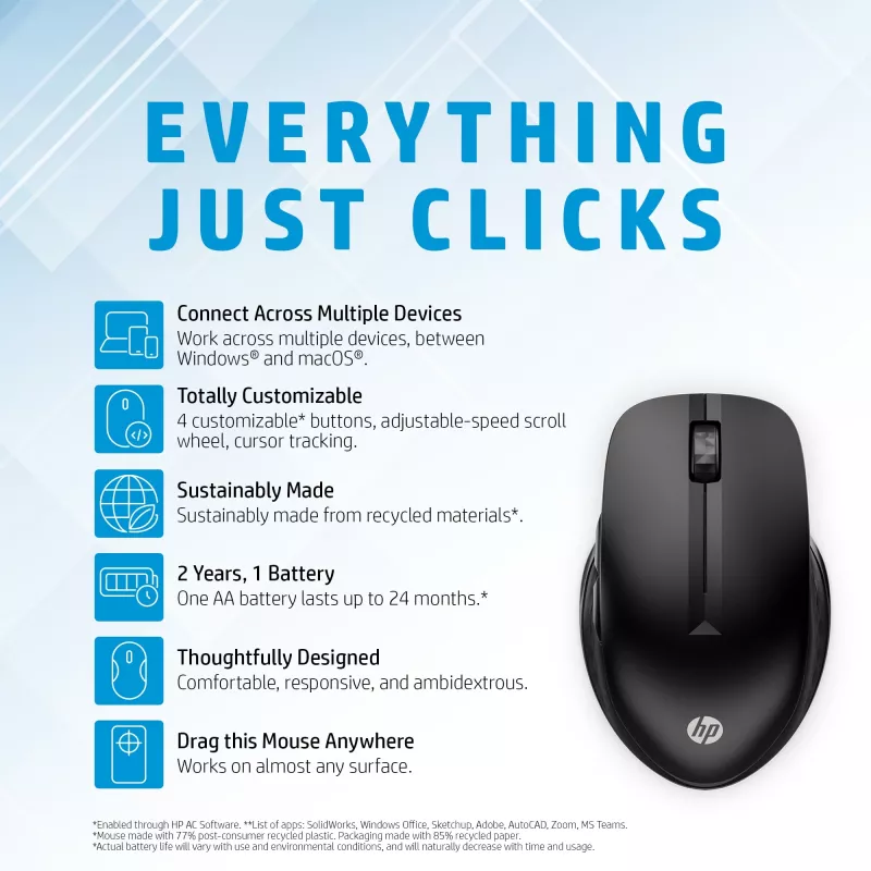 HP 430 mitme seadme juhtmevaba hiir, kahekäeline, optiline, RF-juhtmevaba + Bluetooth, 1200 DPI, must