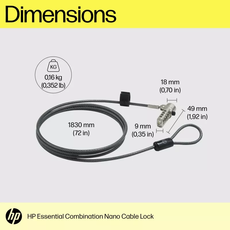 HP Essential Nano kombinatsioon-kaablilukk, 1,83 m, Kombinatsioonlukk, Roostevaba teras