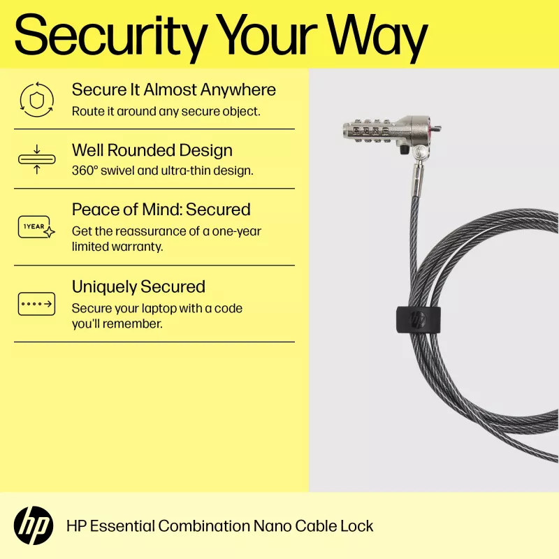 HP Essential Nano kombinatsioon-kaablilukk, 1,83 m, Kombinatsioonlukk, Roostevaba teras