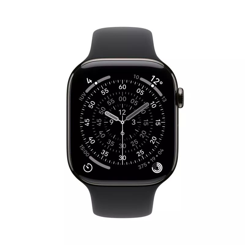 APPLE Watch Series 11 GPS + Cellular 46mm titaanist korpus tumehallis toonis koos musta Sport Band S/M käepaelaga