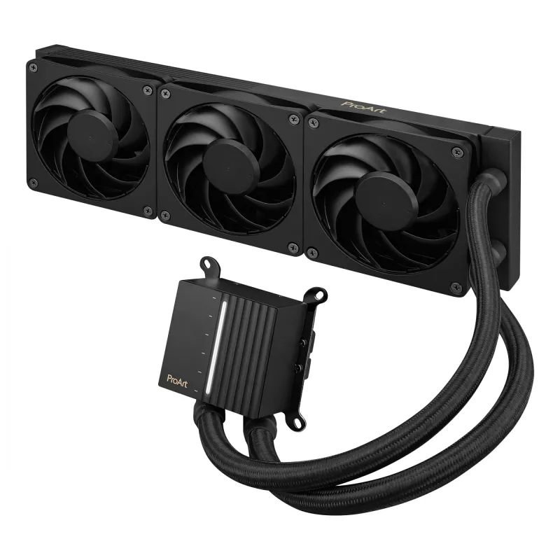 Vedelikjahutuse komplekt ASUS ProArt LC 360 Must — 3x120 mm ventilaatorid 800–2200 p/min, radiaator 360 mm, vaskpõhi, 40 cm torud