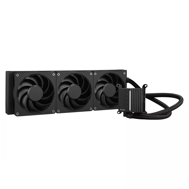 Vedelikjahutuse komplekt ASUS ProArt LC 360 Must — 3x120 mm ventilaatorid 800–2200 p/min, radiaator 360 mm, vaskpõhi, 40 cm torud