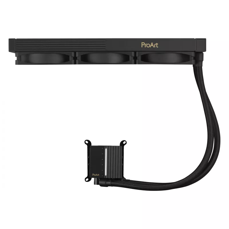 Vedelikjahutuse komplekt ASUS ProArt LC 360 Must — 3x120 mm ventilaatorid 800–2200 p/min, radiaator 360 mm, vaskpõhi, 40 cm torud