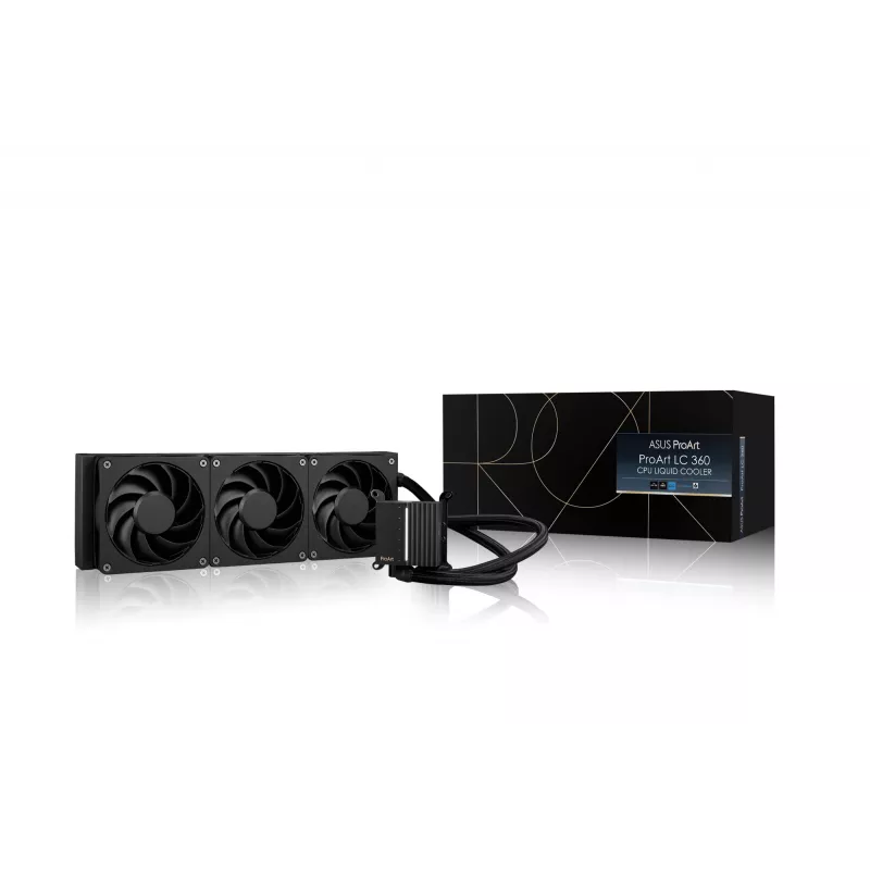 Vedelikjahutuse komplekt ASUS ProArt LC 360 Must — 3x120 mm ventilaatorid 800–2200 p/min, radiaator 360 mm, vaskpõhi, 40 cm torud