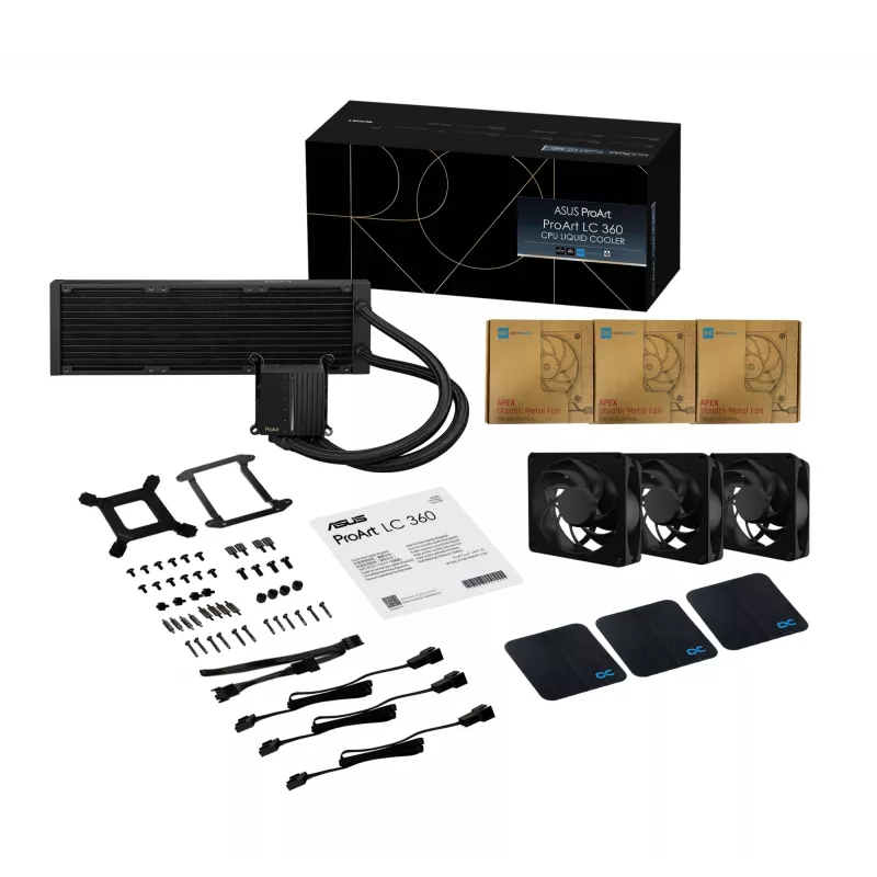 Vedelikjahutuse komplekt ASUS ProArt LC 360 Must — 3x120 mm ventilaatorid 800–2200 p/min, radiaator 360 mm, vaskpõhi, 40 cm torud