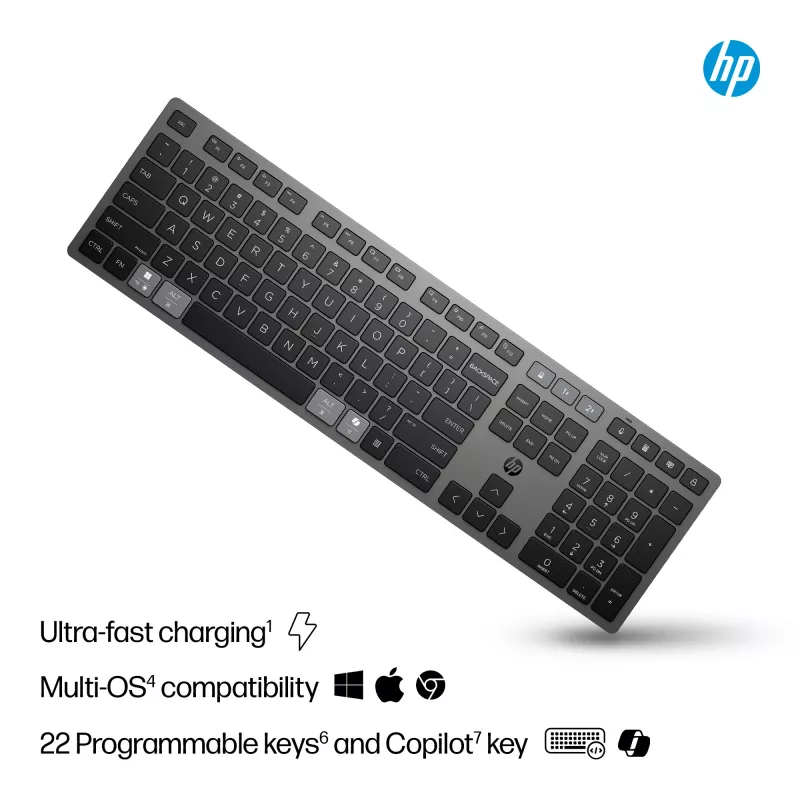 HP 725 Multi-Seadme Laetav Juhtmevaba Klaviatuur, Täissuuruses (100%), Juhtmevaba, RF Juhtmevaba + Bluetooth, Must
