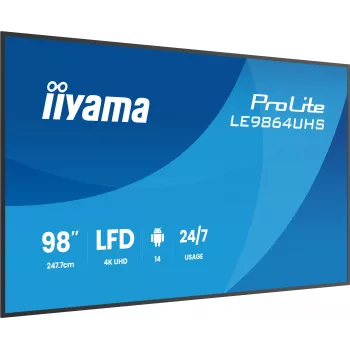 iiyama LE9864UHS-B1AG Signage Display Digitaalne siltide kuva 2.49 m (98 tolli) Wi-Fi 500 cd/m² 4K Ultra HD Must Sisseehitatud protsessor Android 24/7