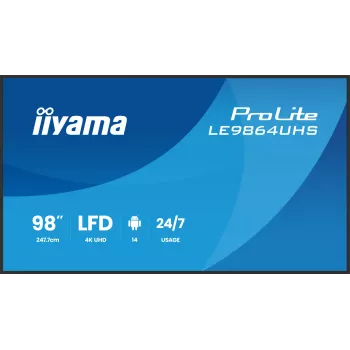 iiyama LE9864UHS-B1AG Signage Display Digitaalne siltide kuva 2.49 m (98 tolli) Wi-Fi 500 cd/m² 4K Ultra HD Must Sisseehitatud protsessor Android 24/7