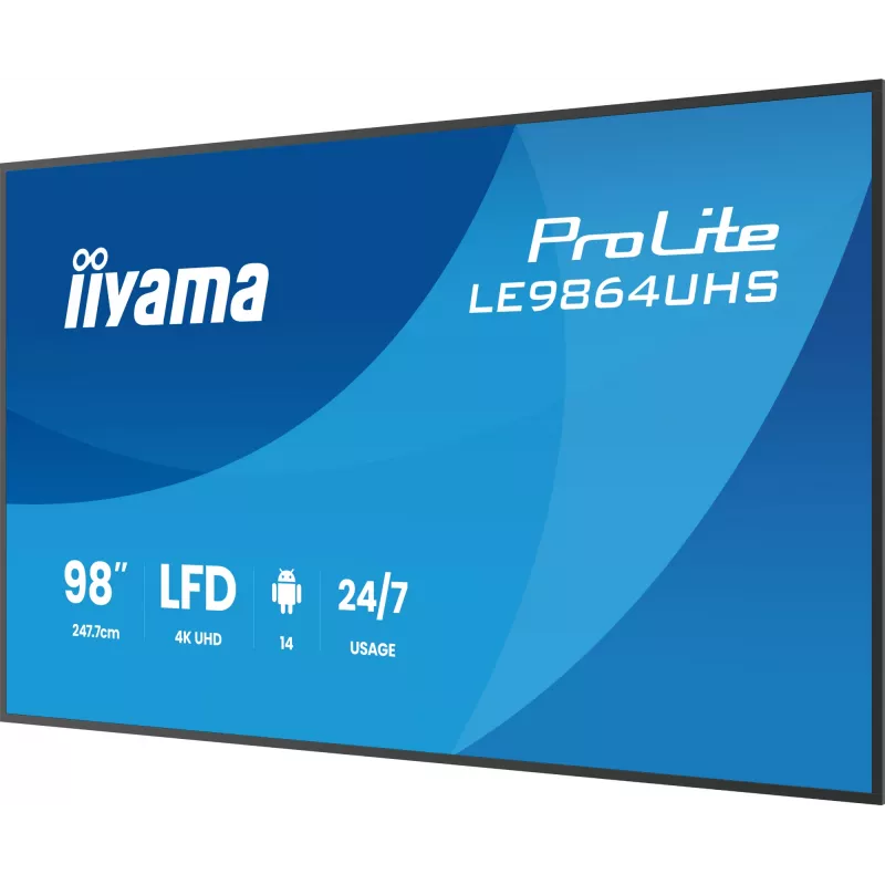 iiyama LE9864UHS-B1AG Signage Display Digitaalne siltide kuva 2.49 m (98 tolli) Wi-Fi 500 cd/m² 4K Ultra HD Must Sisseehitatud protsessor Android 24/7