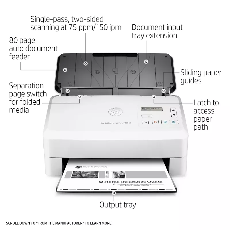 HP Scanjet Enterprise Flow 7000 s3 Lehtedega skanner 600 x 600 DPI A4 Valge