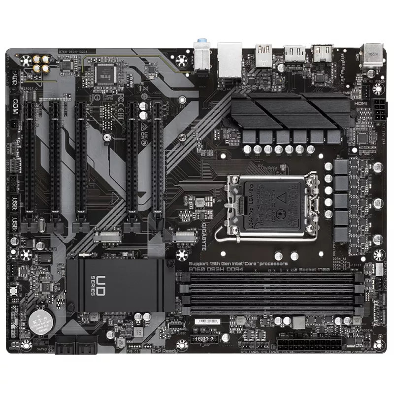 GIGABYTE B760 DS3H DDR4 emaplaat – toetab Intel Core 14. põlvkonna protsessoreid, 18+2+1 faasi digitaalne VRM, kuni 5333 MHz DDR4 (OC), 2xPCIe 4.0 M.2, GbE LAN, USB 3.2 Gen 2