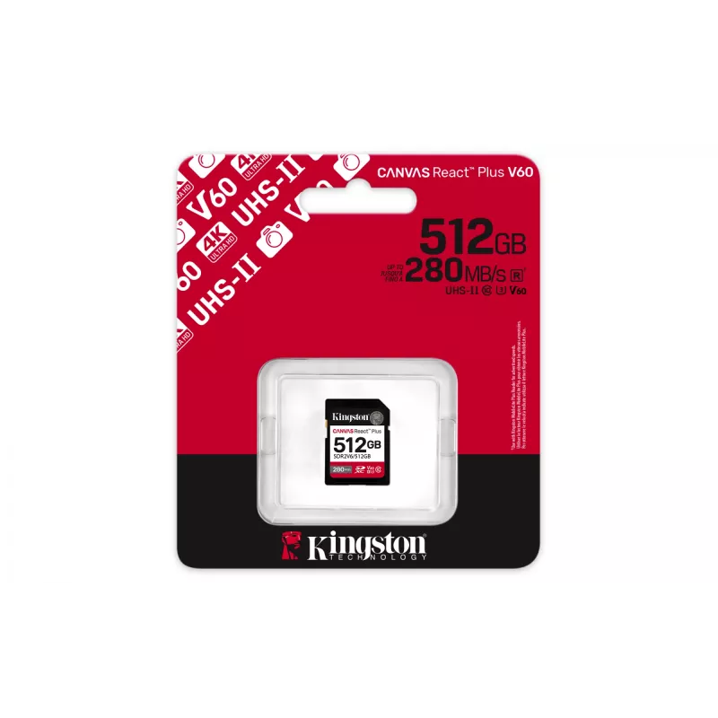 Kingston Technology 512GB Canvas React Plus SDXC UHS-II 280R/150W U3 V60 Full HD/4K jaoks