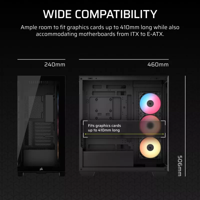 PC Midi Tower korpus CORSAIR 3500X RS-R ARGB — Must, karastatud klaas, toetab ATX/EATX/Micro-ITX, 3x120 mm esiventilaatorid
