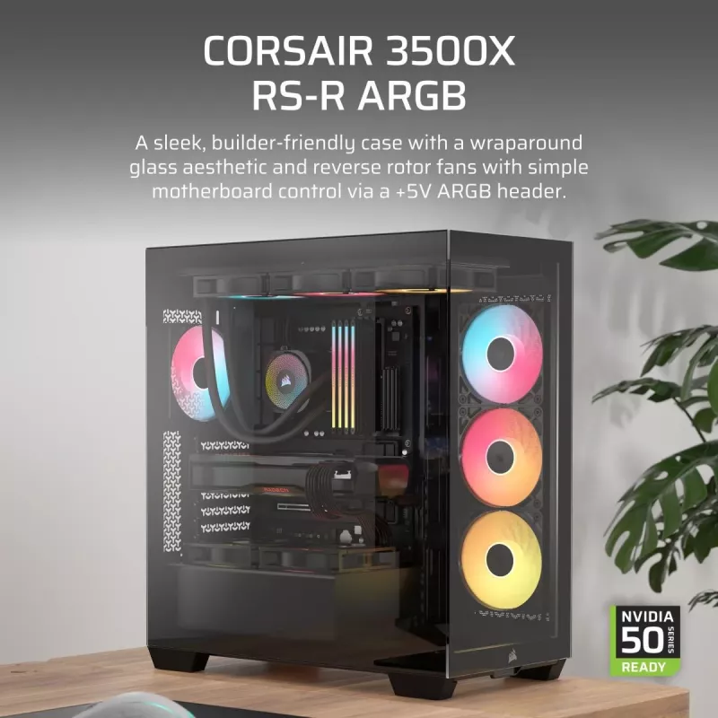 PC Midi Tower korpus CORSAIR 3500X RS-R ARGB — Must, karastatud klaas, toetab ATX/EATX/Micro-ITX, 3x120 mm esiventilaatorid