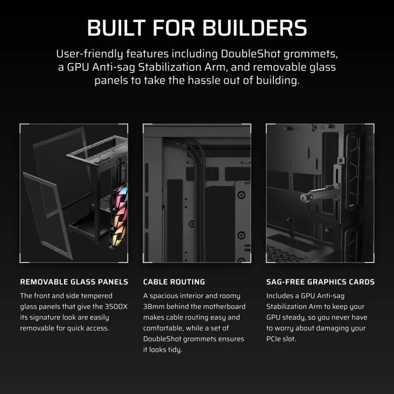 PC Midi Tower korpus CORSAIR 3500X RS-R ARGB — Must, karastatud klaas, toetab ATX/EATX/Micro-ITX, 3x120 mm esiventilaatorid