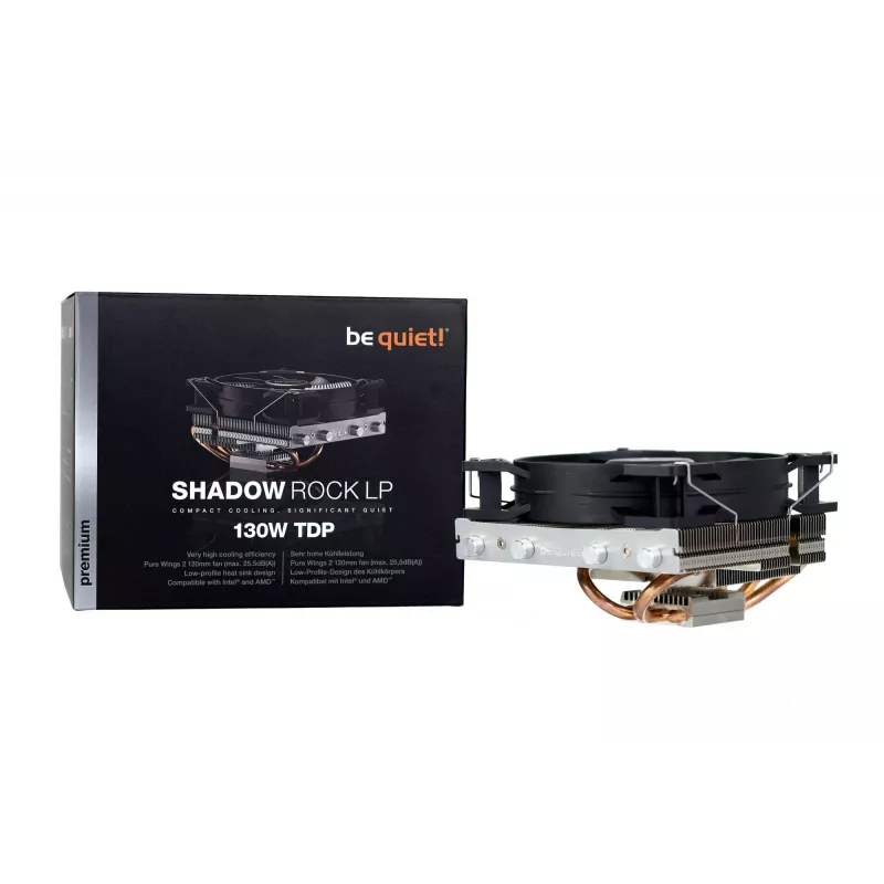 be quiet Shadow Rock LP CPU jahuti, üks 120 mm PWM ventilaator, Intel pesadele: 1200 / 2066 / 1150 / 1151 / 1155 / 2011(-3) Square ILM, AMD pesadele: AM2(+) / AM3(+) / AM4 / FM1 / FM2(+), 130 W TDP, kõrgus 75,4 mm