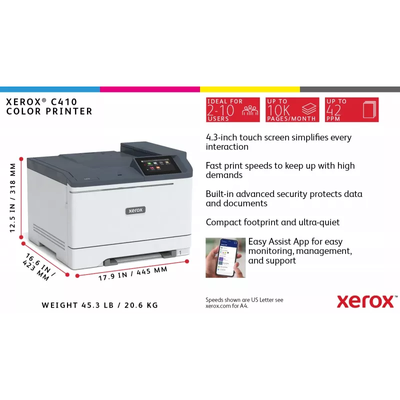 Xerox C410 A4 40ppm Dupleksprinter PS3 PCL5e/6 2 Alust 251 Lehte