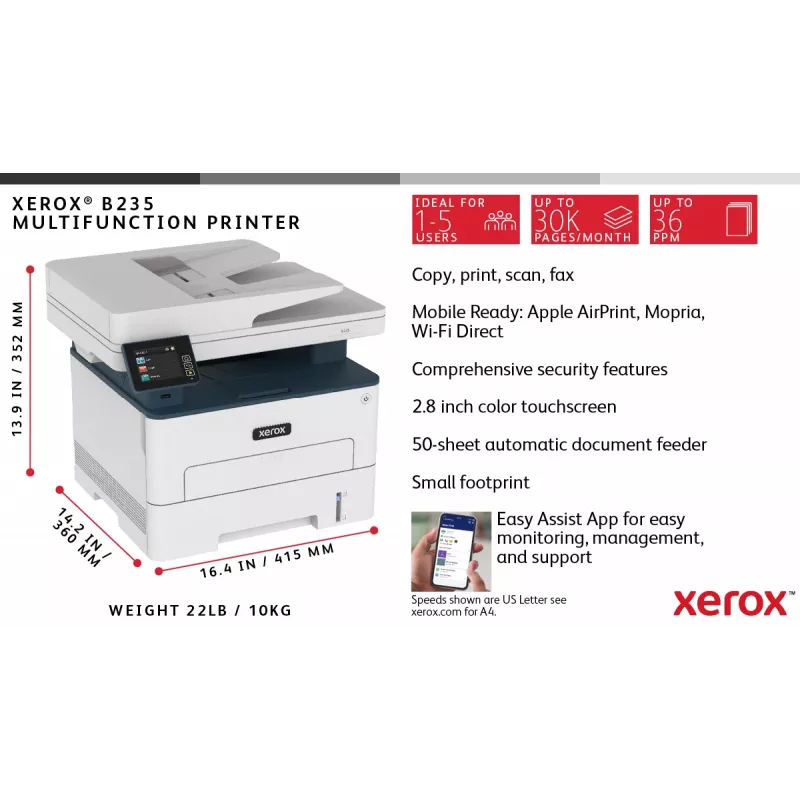 Xerox B235 A4 34ppm juhtmevaba dupleks koopia/prindi/skanni/faks PS3 PCL5e/6 ADF 2 salve kokku 251 lehte
