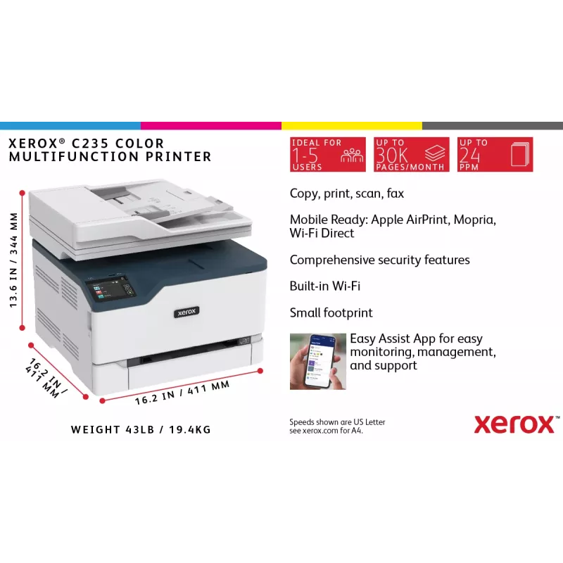 Xerox C235 A4 22ppm juhtmevaba koopia/prindi/skanni/faks PS3 PCL5e/6 ADF 2 salve kokku 251 lehte