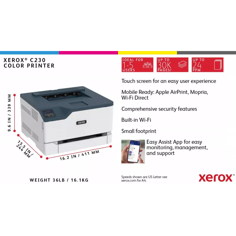 Xerox C230 A4 22ppm juhtmeta kahepoolne printer PS3 PCL5e6 2 alust kokku 251 lehte