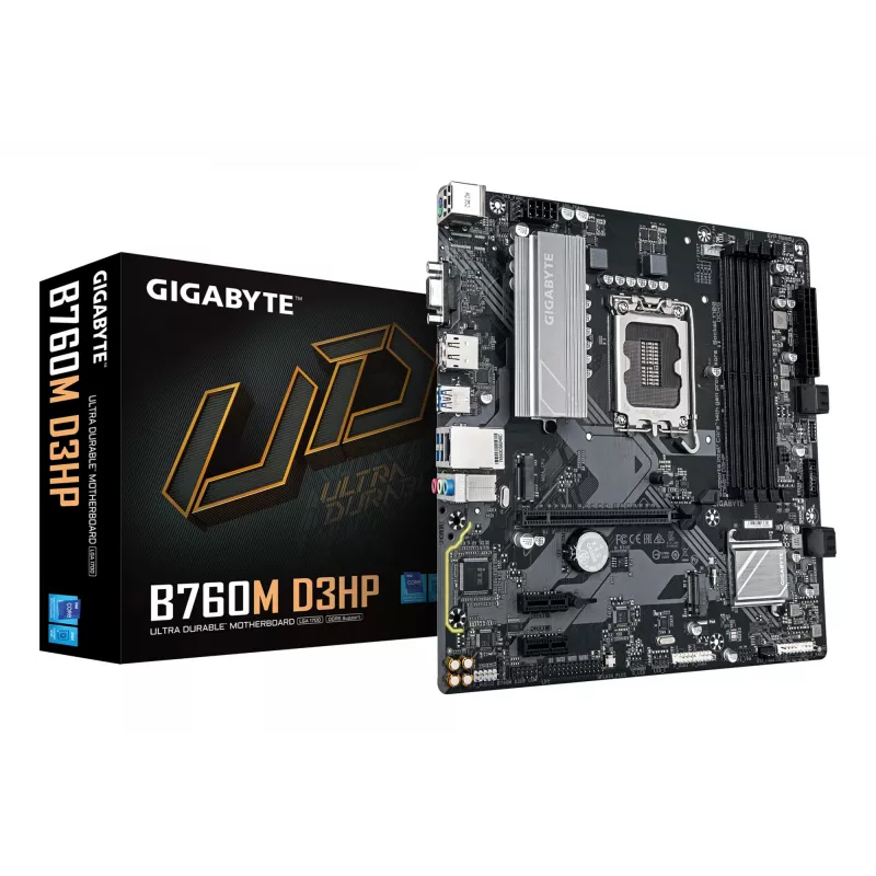 GIGABYTE B760M D3HP emaplaat – Intel Core 14. põlvkonna protsessoritele, 4+1+1 faasi VRM, kuni 5600 MHz DDR5, 2xPCIe 4.0 M.2, GbE LAN, USB 3.2 Gen 1