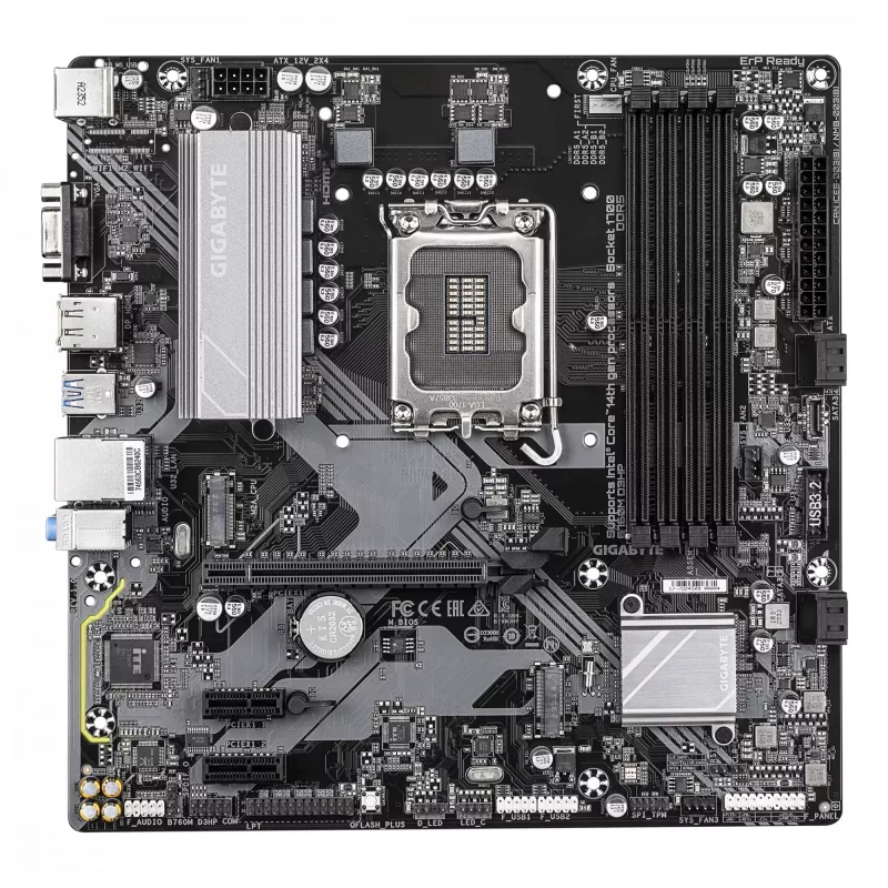 GIGABYTE B760M D3HP emaplaat – Intel Core 14. põlvkonna protsessoritele, 4+1+1 faasi VRM, kuni 5600 MHz DDR5, 2xPCIe 4.0 M.2, GbE LAN, USB 3.2 Gen 1